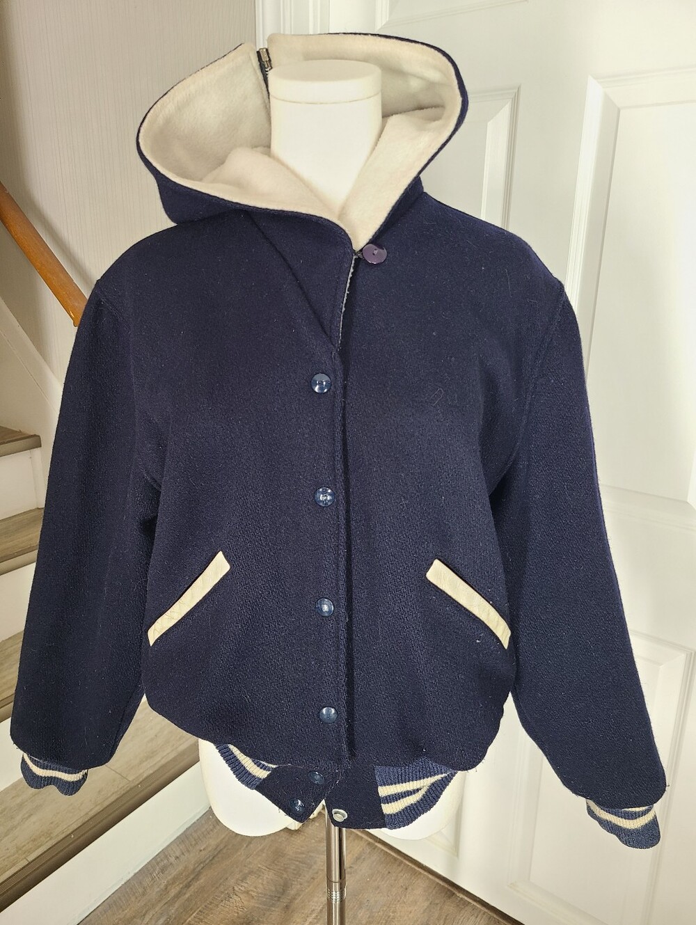 70s 80s Sailor Collar Womens Butwin Wool Varsity Letterman Jacket 44 Inch Bust